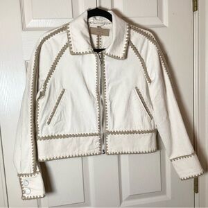 Blank NYC Cream Cropped Zippered Jacket with Tan Crochet Trim - Size Small